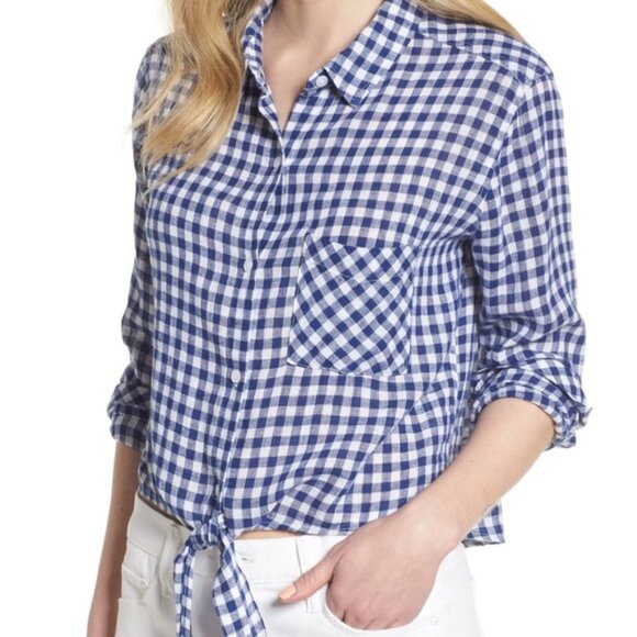 Rails Check Top Val Blue Gingham Long Sleeve Tie Front Shirt Size XS - Picture 12 of 12